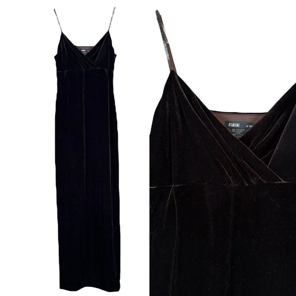 Vtg Rimini Velvet Slit Beaded Padded Long Formal Evening Dress Gown Brown Size 8